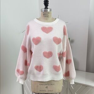 NWT Cotton Blend Pink & White Heart Comfy Cozy Oversized Pullover Sweater